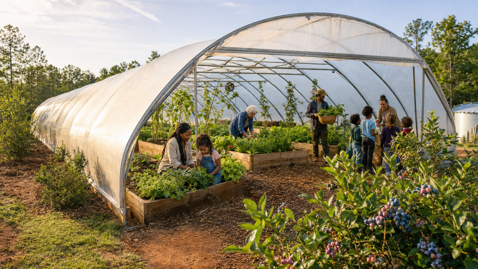 Families, students, and growers gathering inside a community greenhouse