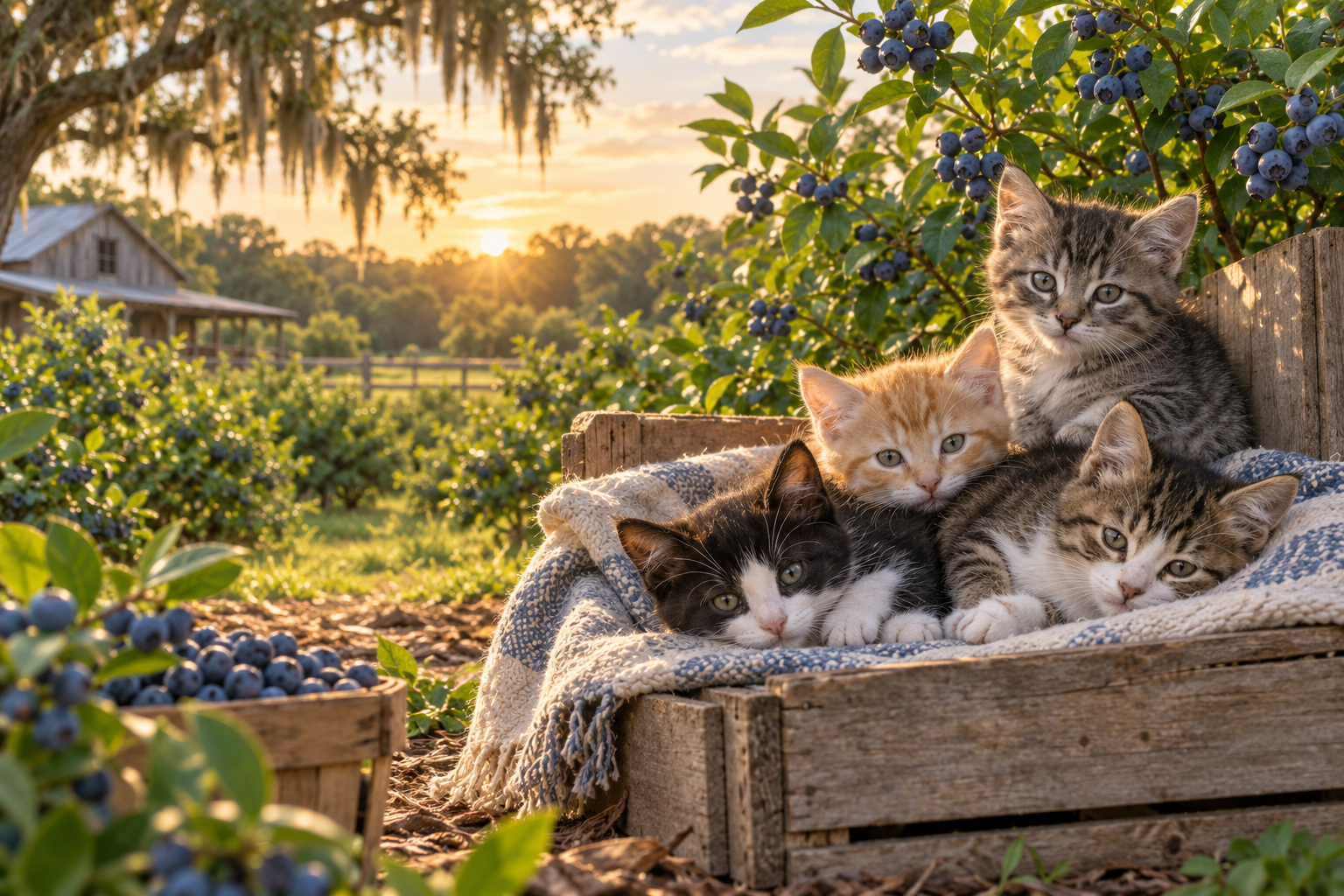 Illustration of kittens resting safely among blueberry bushes at an orchard
